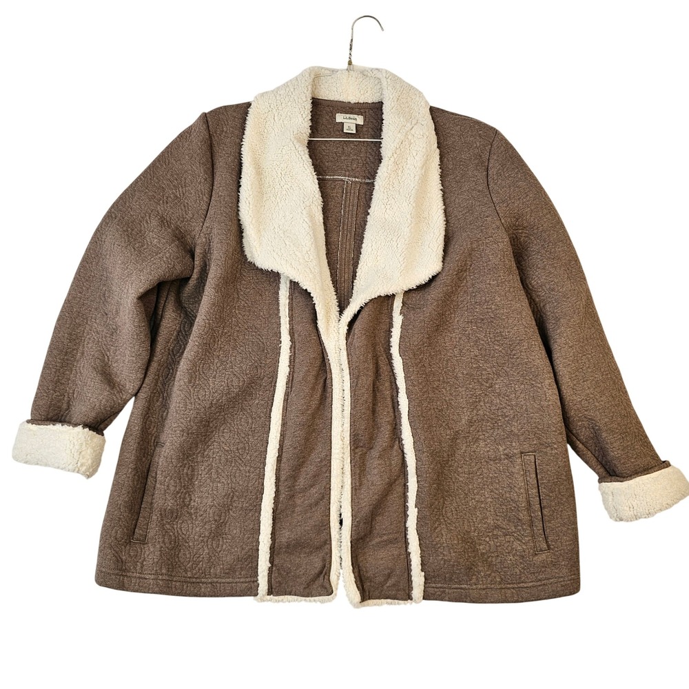 LL Bean Brown Faux Shearling Lined Open Front Cardigan Jacket XL Regular